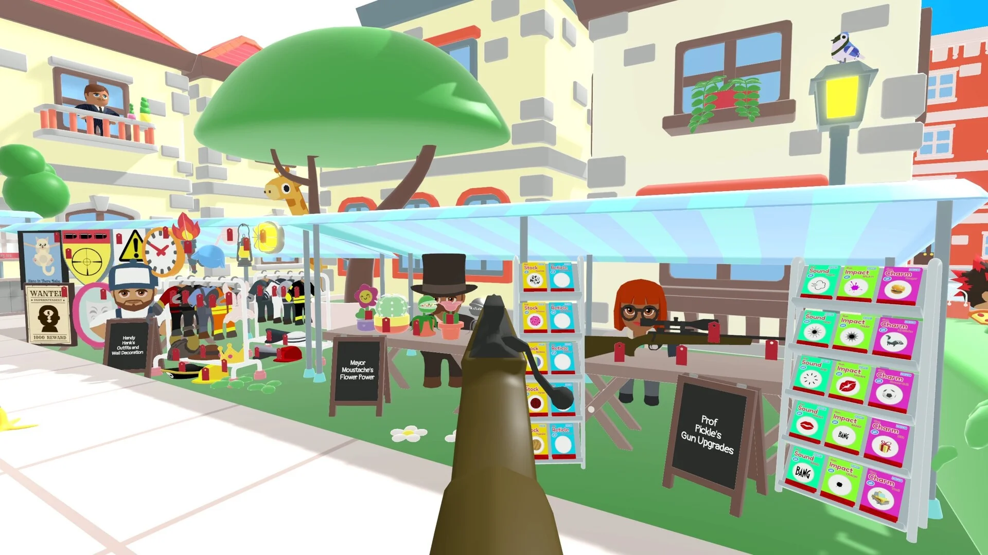 ゲーム内の市場シーンで、Prof Pickle's Gun Upgradesの看板と商品棚が確認できる