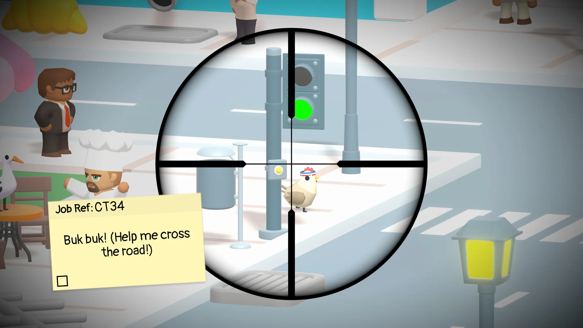 スコープ越しに鶏を狙うゲーム画面と、Job Ref: CT34のメモ