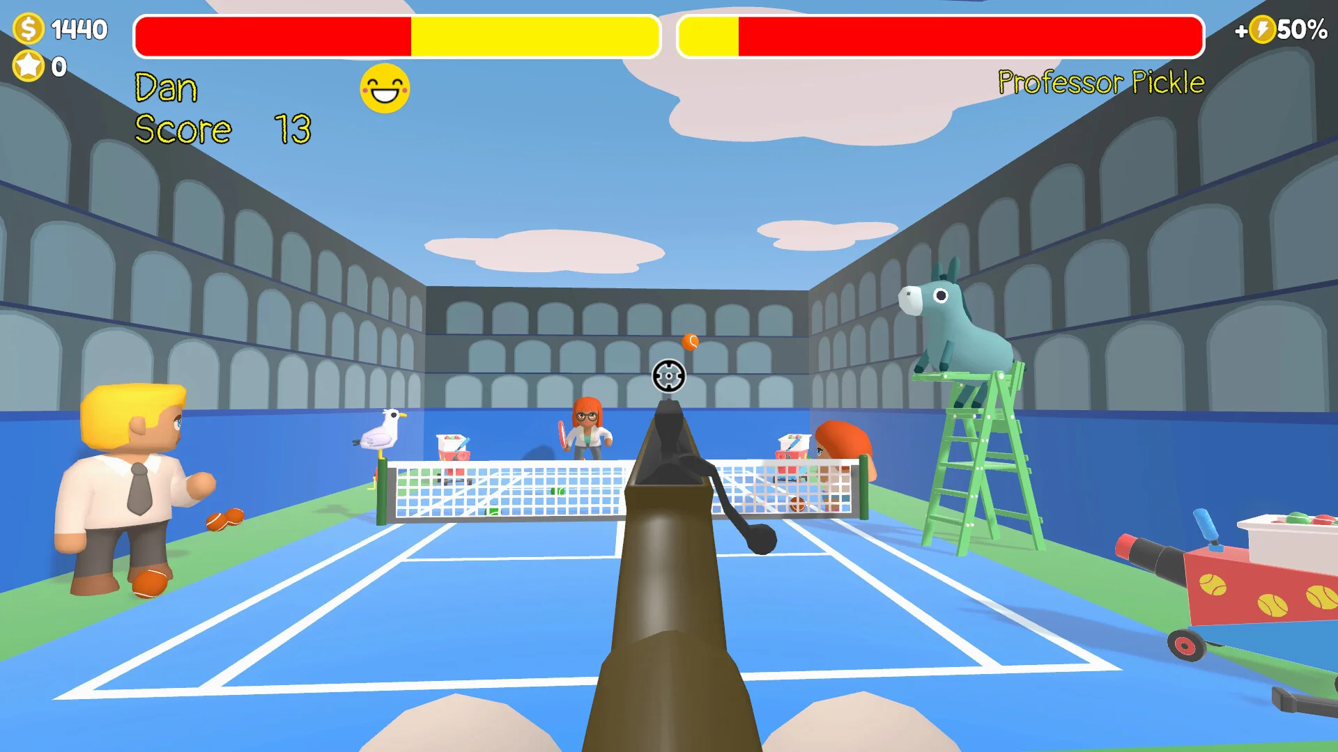 ゲーム画面で、青いコートでラケットを構え、スコアやキャラクター名が表示されている