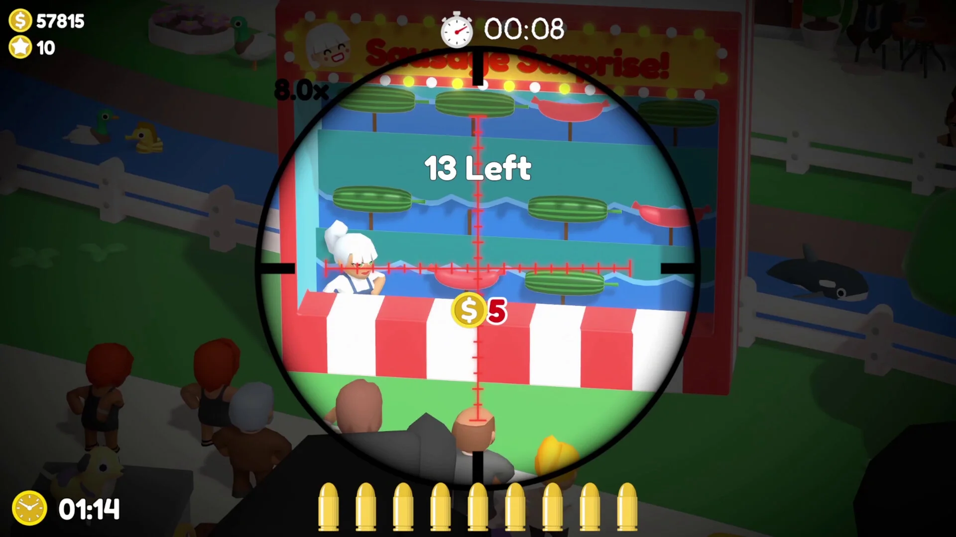 ゲーム画面内の射撃ゲーム「Sausage Surprise!」のプレイシーン
