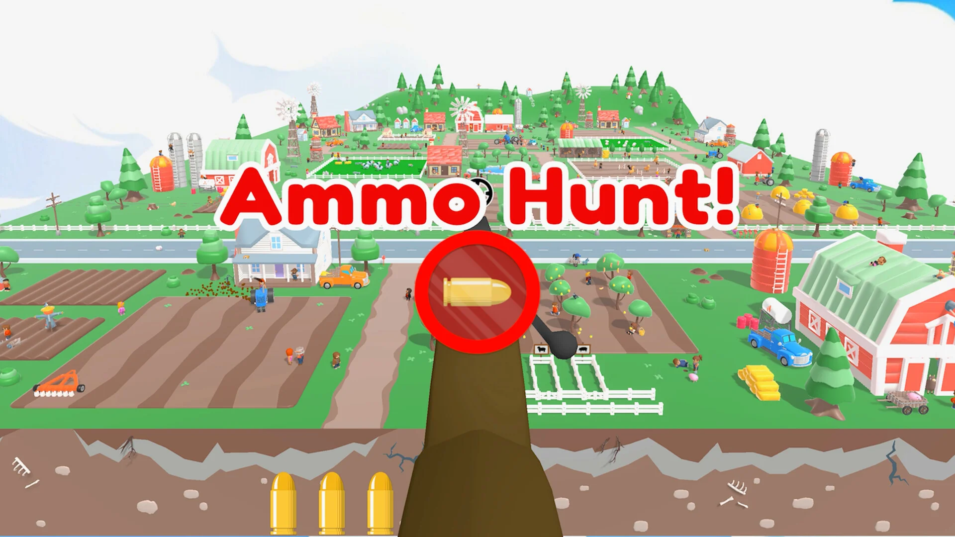 Ammo Hunt!の文字と弾丸の照準が描かれた農場のゲーム画面