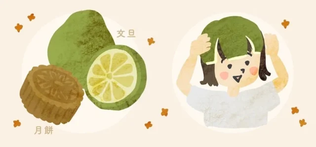 中秋節の文化を示す月餅と文旦、皮をかぶる人物のイラスト
