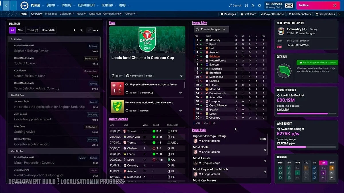 Football Manager 27のポータル画面。ニュースやリーグ表、選手データを表示