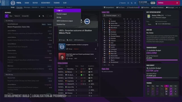 『Football Manager 27』のポータル画面、ニュースやリーグ表を表示