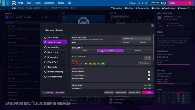 Football Manager 27の設定画面。スケーリングやスキンカラーなどUIカスタマイズ項目を表示