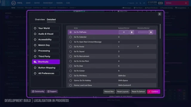 Football Manager 27のショートカット設定画面のスクリーンショット