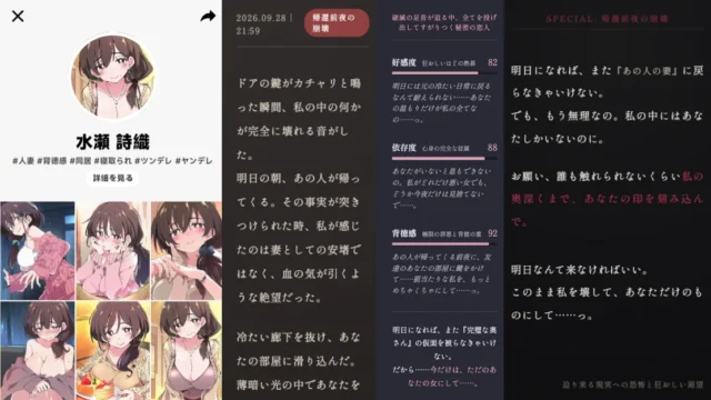 キャラクターの日記・ステータス・心の声を表示するPogeeアプリ画面