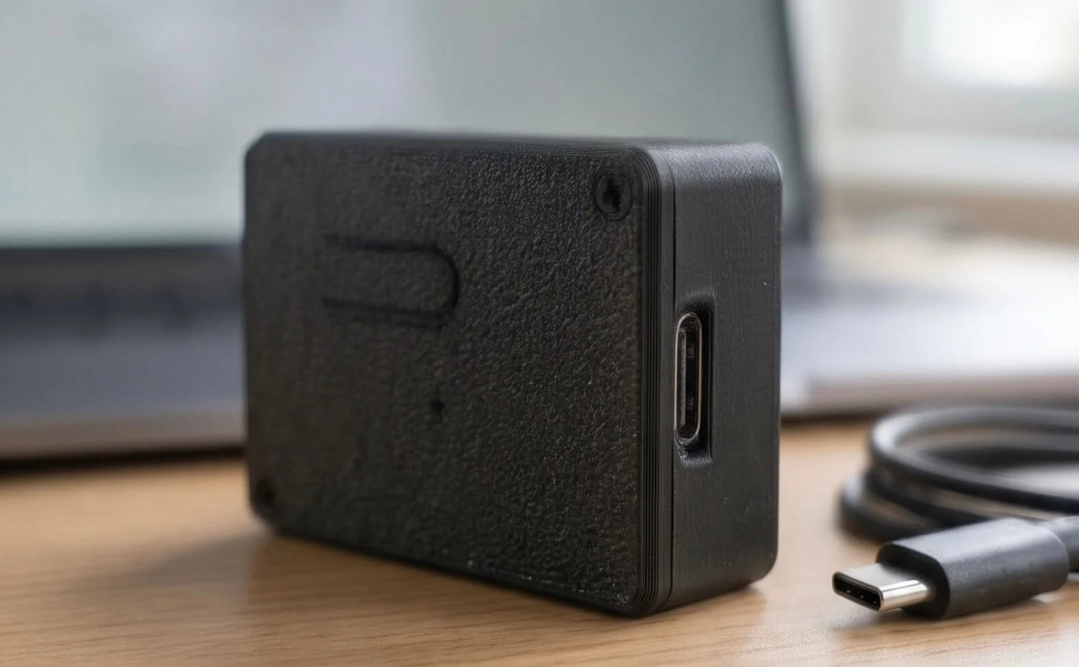 AIRバトラー本体とUSB Type-Cケーブル、黒い小型端末