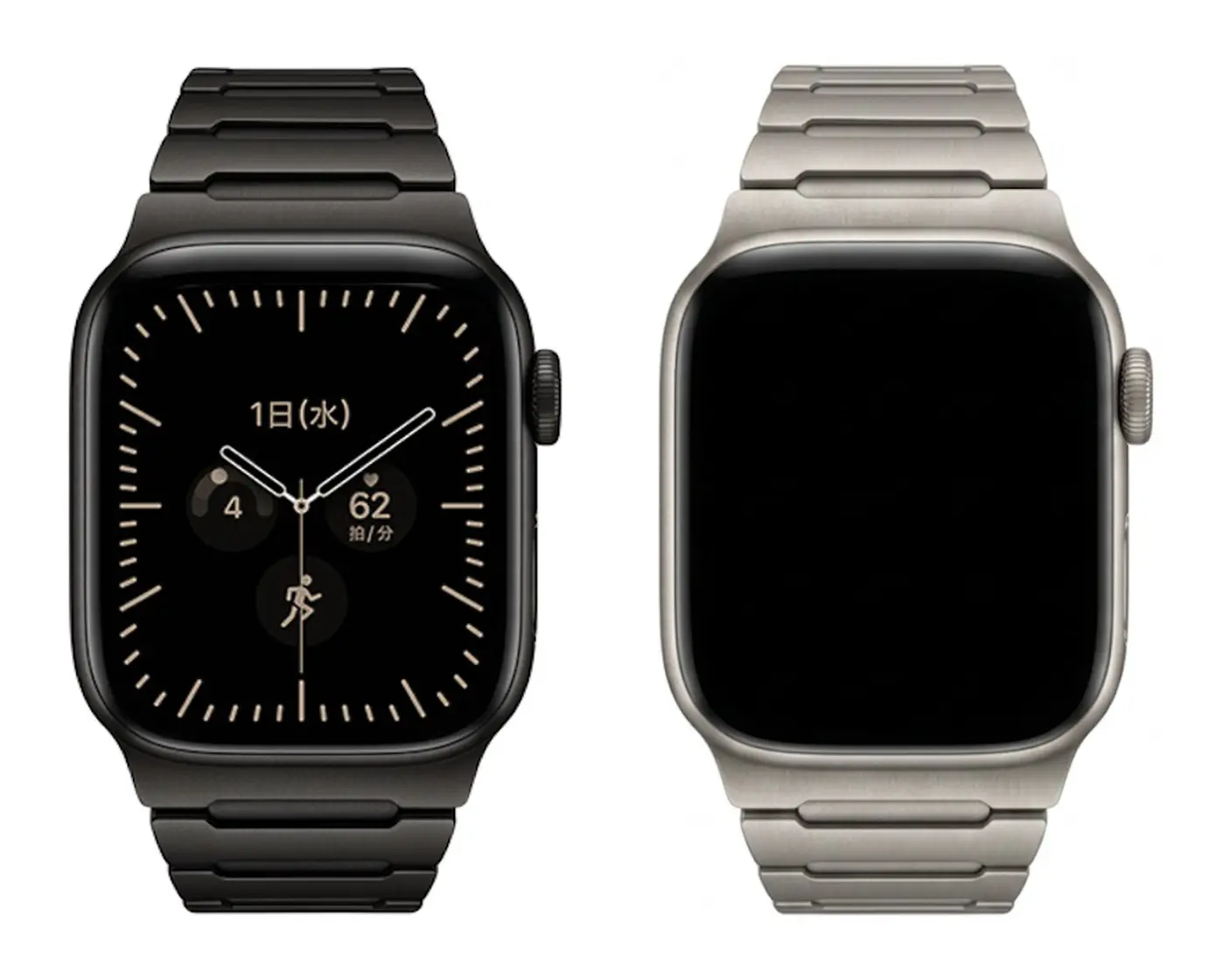 MinZ METEORのブラック(左)とナチュラル(右)をApple Watchに装着して並べた製品画像