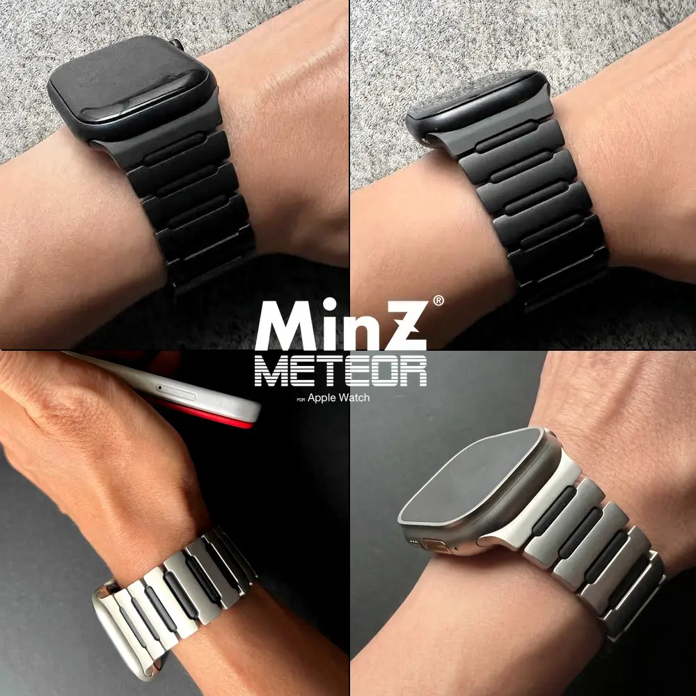 MinZ METEORを手首に着けた4枚組の写真。上段がブラック、下段がナチュラル