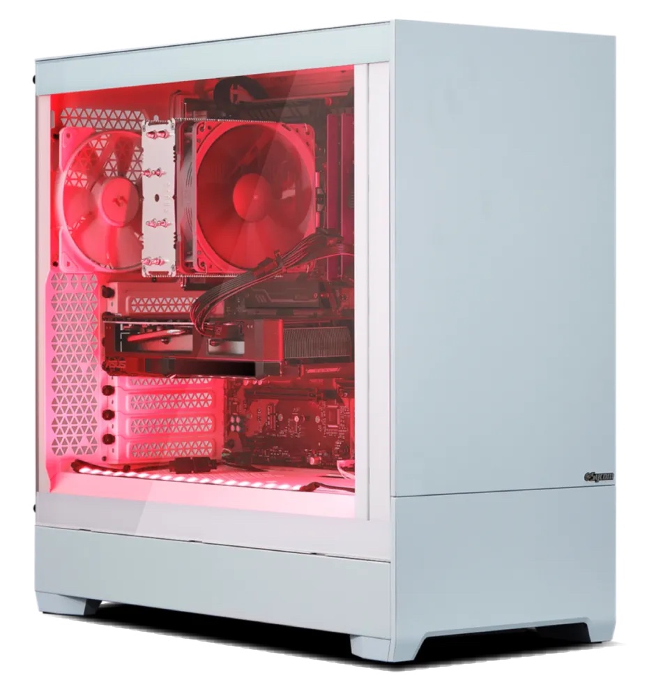 G-Master Velox Campio Edition 2026の本体。Fractal Design Pop Silent Whiteのガラスパネル越しに内部のARGBが赤く光る