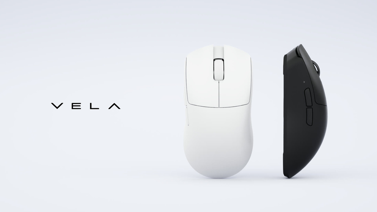 白い背景にVELAのロゴと、ホワイトとブラックの2台のAIM1のマウス