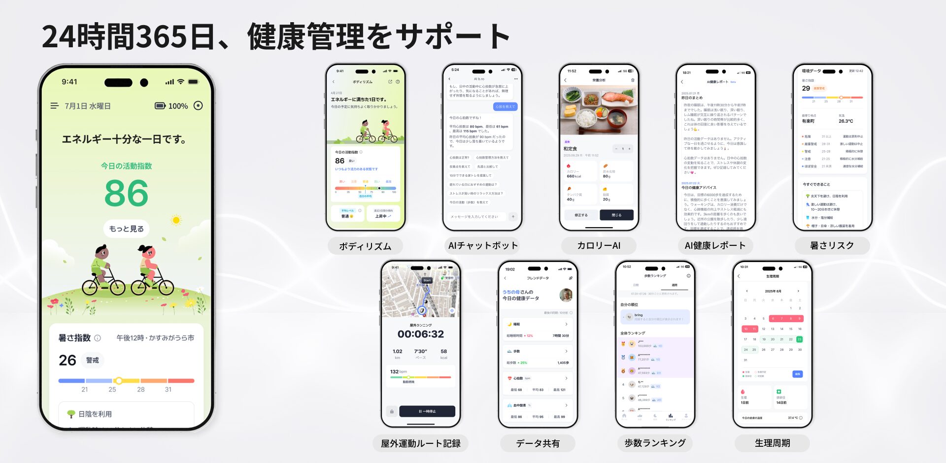 b.raceが対応するアプリApp 3.0の画面。ボディリズム、AIチャットボット、カロリーAI、AI健康レポート、暑さリスク、屋外運動ルート記録、データ共有、歩数ランキング、生理周期などの機能が並ぶ