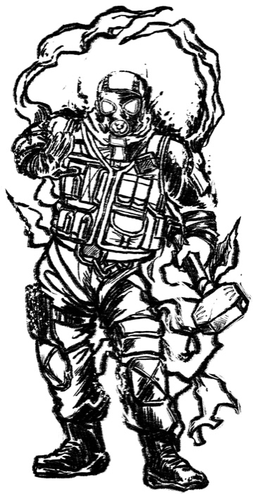 墨で描かれたガスマスク姿のオペレーター。ブリーチングハンマーを手にしている