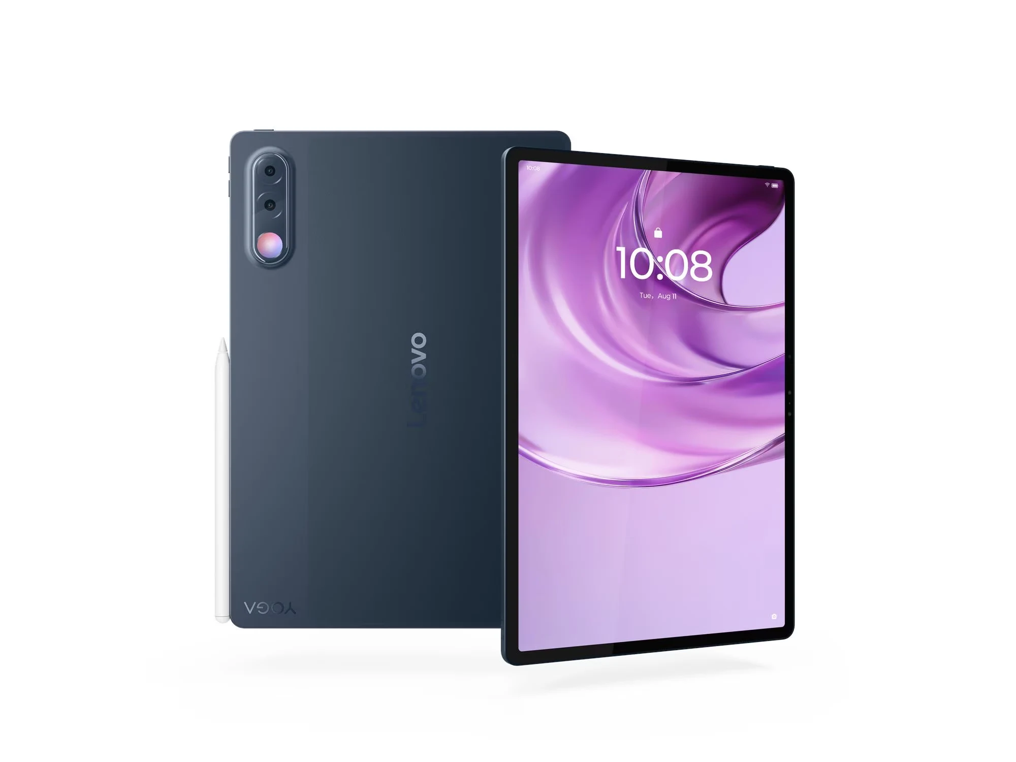 Lenovo Yoga Tab Plus Gen 2のコズミックブルーの前面・背面とペン（Lenovo公式画像）
