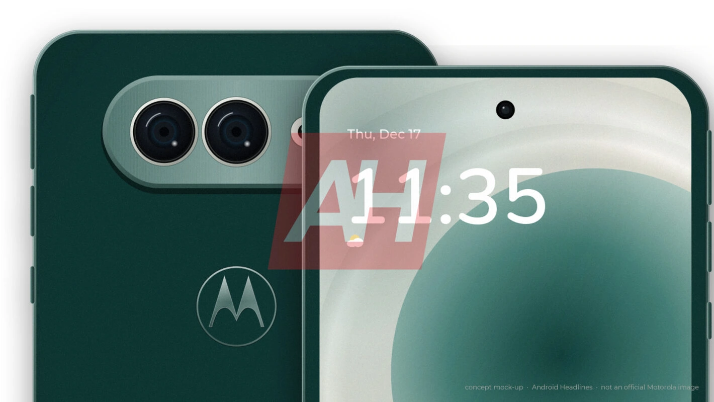 緑色のワイド型折りたたみスマホの背面と外側画面を描いたAndroid Headlinesの予想図