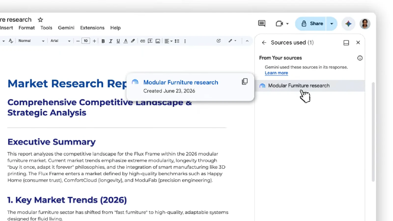 Google ドキュメントで参照された Gemini Notebook を確認している画面