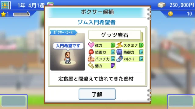 風雲☆ボクシング物語の選手プロフィール画面