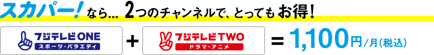 スカパー！なら...2つのチャンネルで、とってもお得！ フジテレビONE ＋ フジテレビTWO ＝ 1,100円/月（税込）