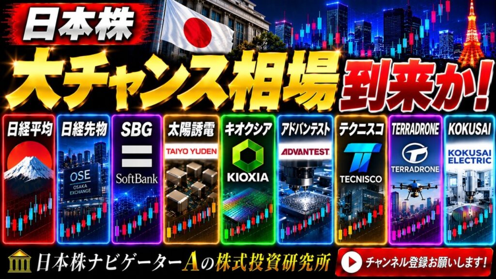 日経平均・日経先物、SBG、太陽誘電、キオクシア、アドバンテスト、テクニスコ、TERRADRONE、KOKUSAI