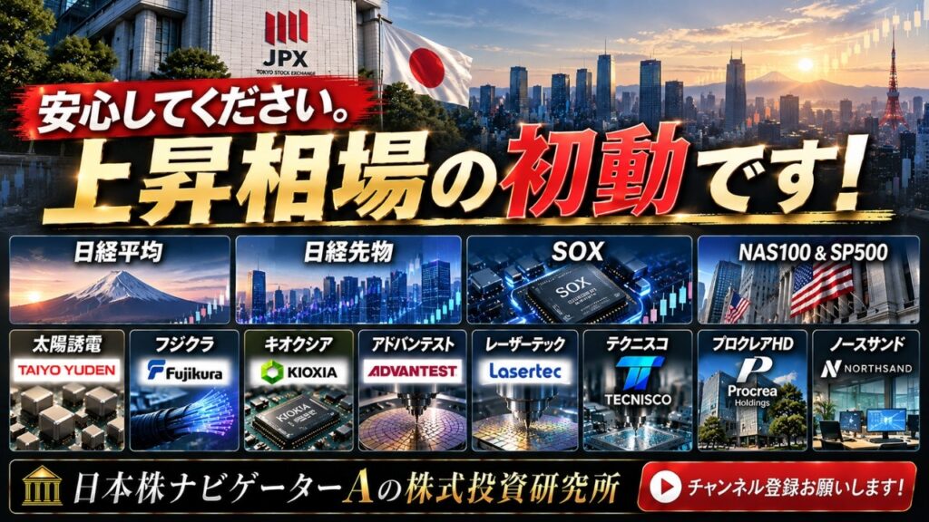 日経平均、SOX、NAS100＆SP500、太陽誘電、フジクラ、キオクシア、アドバンテスト、レーザーテック、テクニスコ、プロクレアHD、ノースサンド