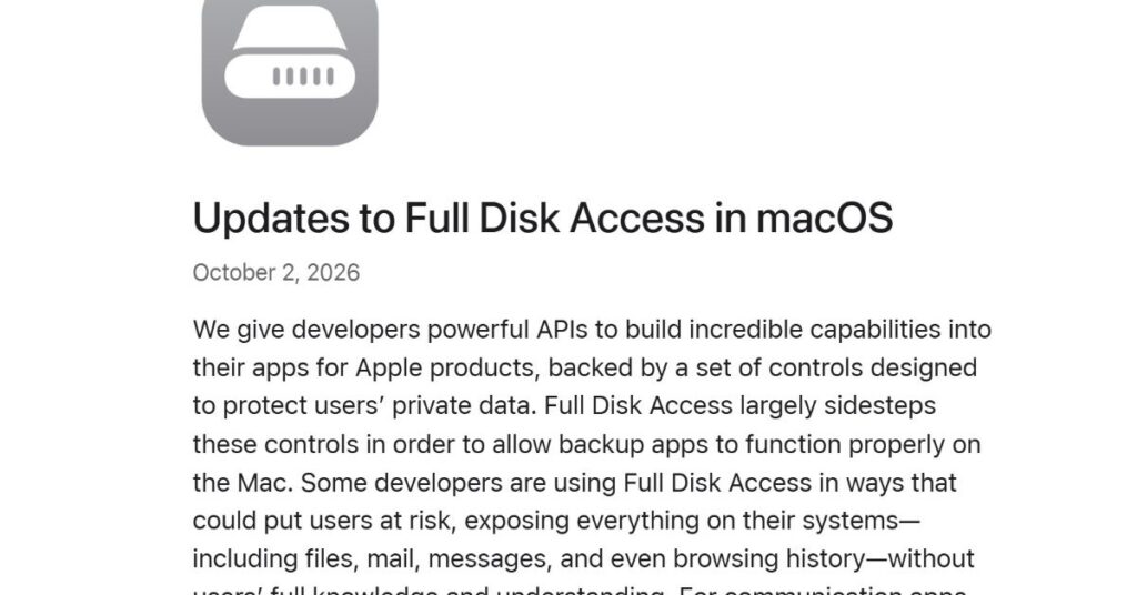Apple、macOSの「フルディスクアクセス」に追加の制御を導入へ　「AIエージェントの進化でリスクが大幅に増大」 - ITmedia NEWS