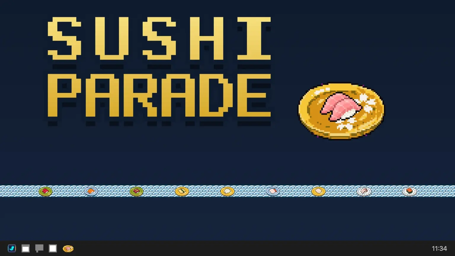 SUSHI PARADEのキーアート。ドット絵のロゴと回転レーンを示す。