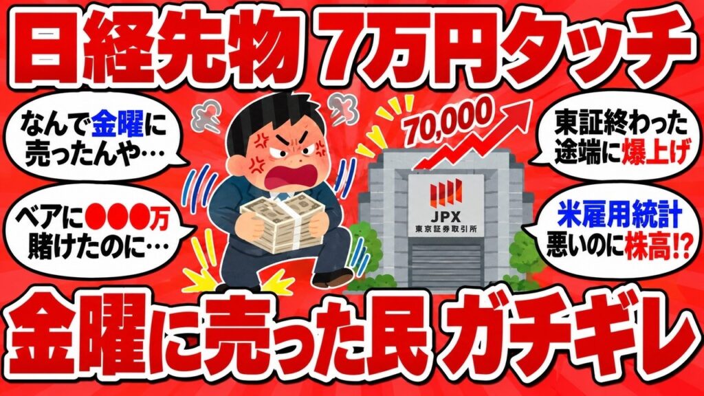 東証が閉まった途端に日経先物が7万円タッチ、金曜に売った民がガチギレするwww【2chまとめ】