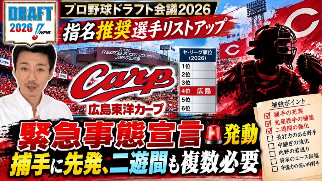 【広島東洋カープ】指名推奨リストアップどころか…緊急事態宣言が必要な事態に🚨捕手・先発即戦力・二遊間を複数指名か【プロ野球ドラフト会議2026】