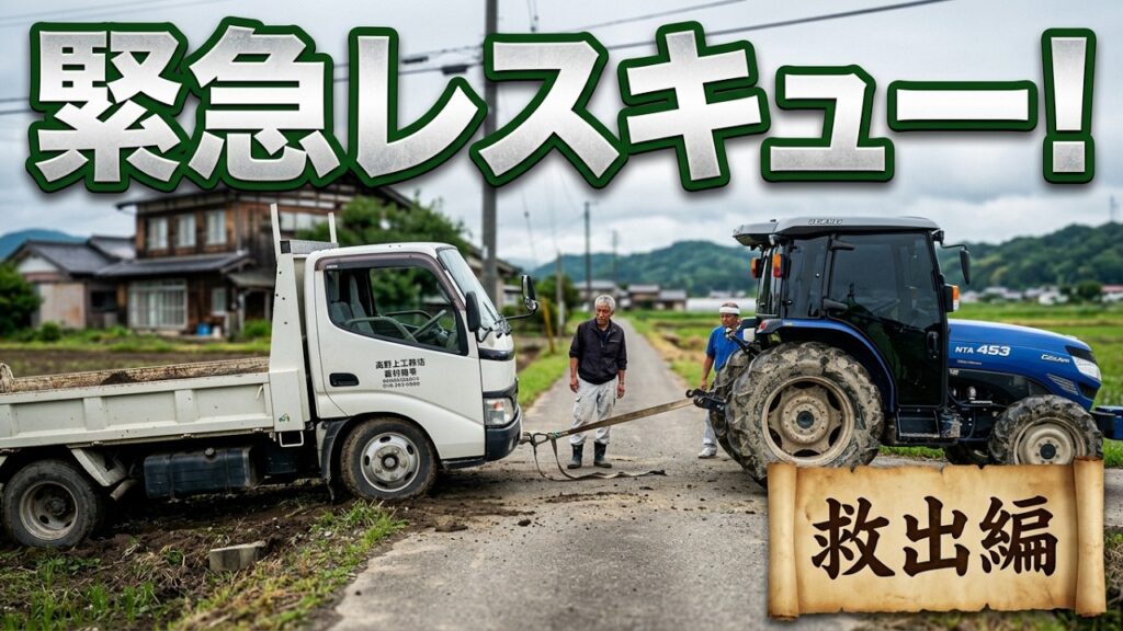 遁所さんのトラクターで救出3トンダンプ引っ張る#救出 #緊急事態宣言 #レスキュー #ダンプ引っ張る#トラクター