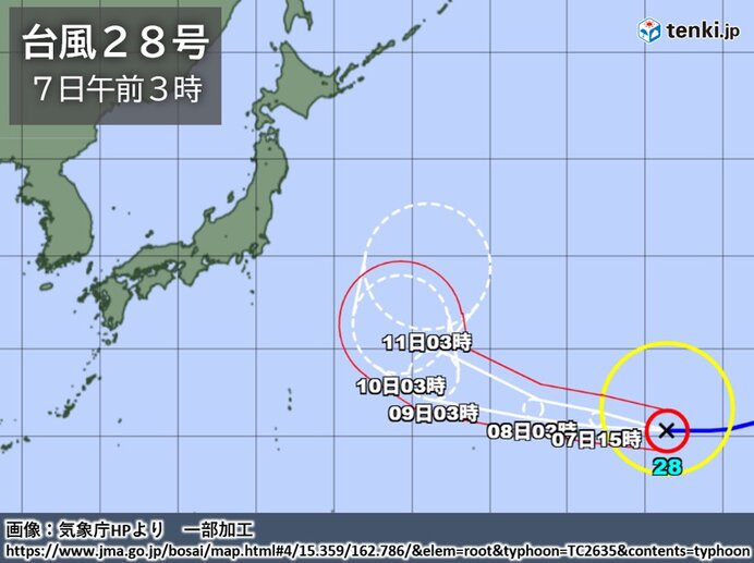 台風28号　次第に日本の東へ進み　温帯低気圧に変わる予想