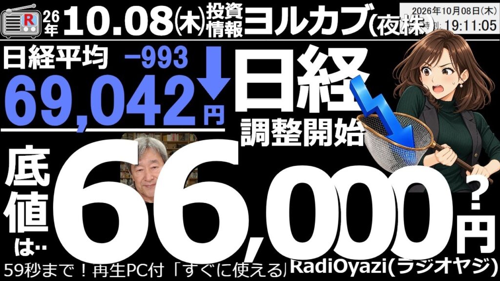 【ヨル株!(投資情報)】日経平均は前日比993円安の69,042円だった。日経は5MAを陰線で割り込み(しかも安値引け)、調整開始のチャートになった。このあと66,000円付近までの下落がありえる形。 【ヨル株!(投資情報)】日経平均は前日比993円安の69,042円だった。日経は5MAを陰線で割り込み(しかも安値引け)、調整開始のチャートになった。このあと66,000円付近までの下落がありえる形。