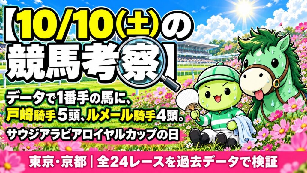 10月10日(土)の競馬考察｜データの1番手に戸崎騎手5頭・ルメール騎手4頭 全24レースを過去データで検証