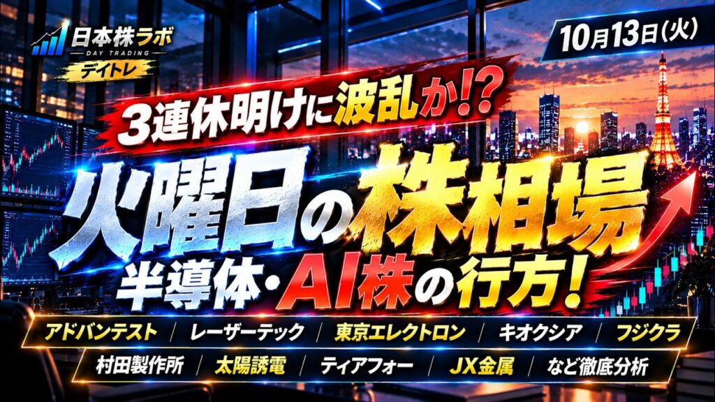 【火曜日の株相場】アドバンテスト・レーザーテック・東京エレクトロン・キオクシア・フジクラ・村田製作所・太陽誘電・ティアフォー・JX金属を徹底分析。3連休明けに波乱か？半導体・AI株の行方！