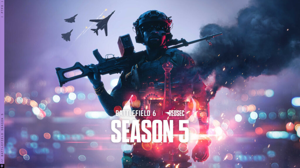 『Battlefield 6』『Battlefield REDSEC』シーズン5のキーアート。銃を肩に担いだ兵士のシルエットにラスベガスの夜景と黒煙が重なり、上空を戦闘機と爆撃機が飛ぶ。「BATTLEFIELD 6
