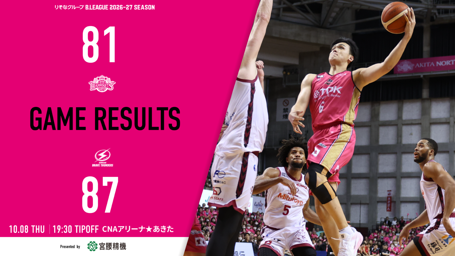 【試合結果】10/8（木）vs.川崎ブレイブサンダース@CNAアリーナ☆あきた | 秋田ノーザンハピネッツ
