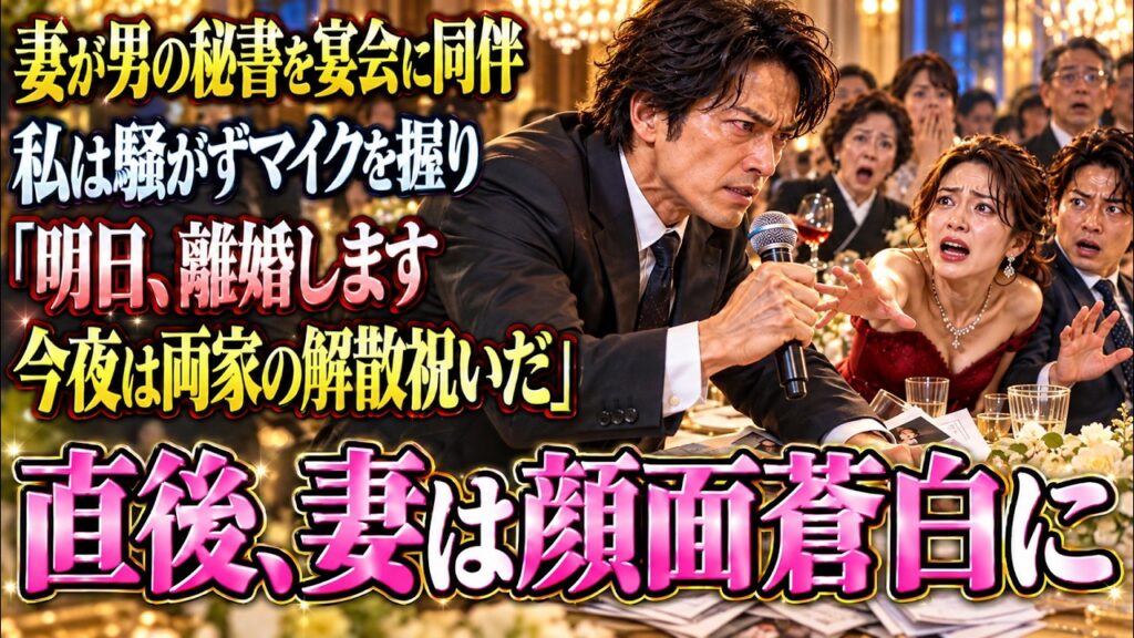 社長の妻が男の秘書を家族の宴会に同伴。騒がずマイクを握り「明日離婚します。今夜は両家の解散祝いだ」と宣言。直後、妻の顔面は蒼白になり…