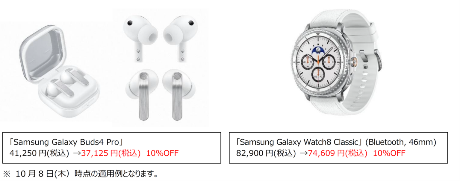 Galaxy Watch8 Classic（Bluetooth・46mm）が82,900円から74,609円、Galaxy Buds4 Proが41,250円から37,125円になる10%OFFの割引適用例