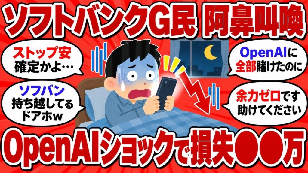 OpenAIショックでソフトバンクG株が一時7%安、夜中にストップ安を覚悟した民が阿鼻叫喚するwww【2chまとめ】 OpenAIショックでソフトバンクG株が一時7%安、夜中にストップ安を覚悟した民が阿鼻叫喚するwww【2chまとめ】