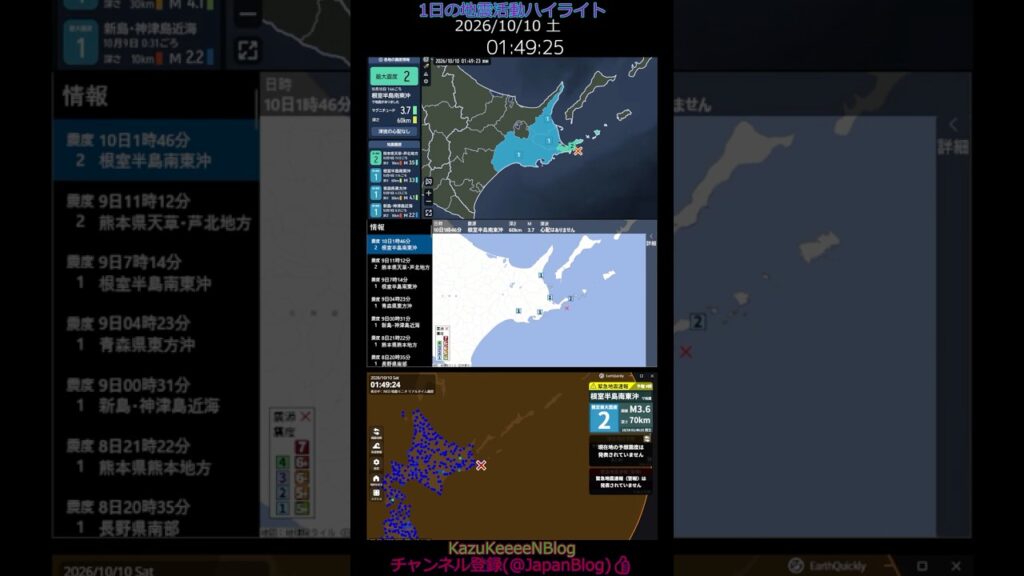 2026年10月10日 土曜日 地震活動ハイライト 若干の海面変動 遠地地震 中米 パナマ  M7.6 1分まとめShort