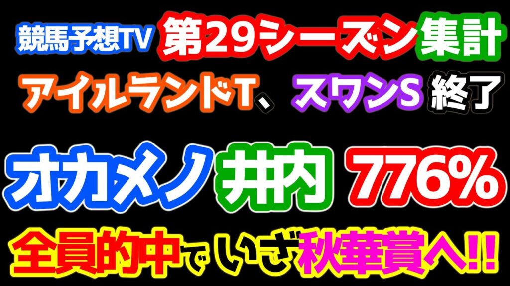 【競馬予想TV 第29シーズン 集計】 オカメノ井内 ７７６％🎊🎊🎊　全員的中でいざ秋華賞へ!!  【アイルランドトロフィー、スワンS 終了】