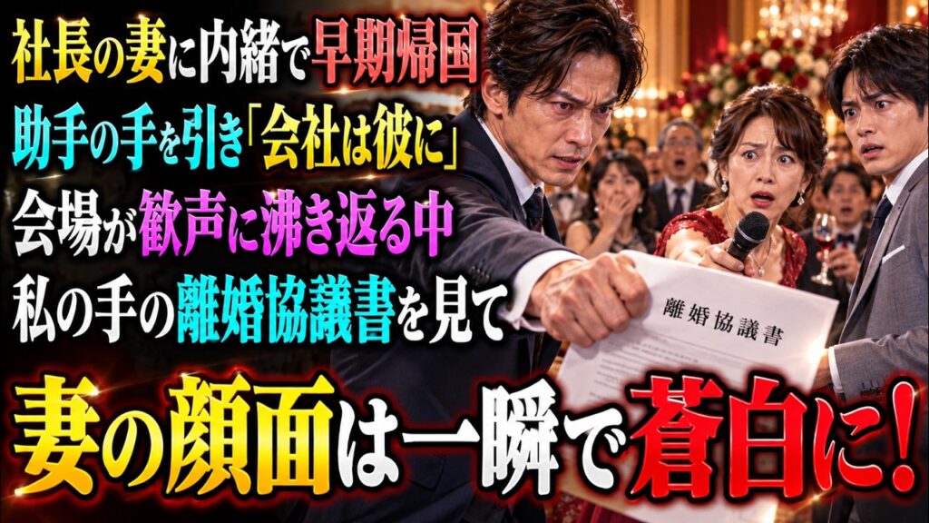 社長の妻に内緒で早期帰国すると、彼女が男性助手の手を引き「会社は彼に任せる！」と宣言。歓声の中、私の手の離婚協議書を見た妻の顔は一瞬で蒼白に！