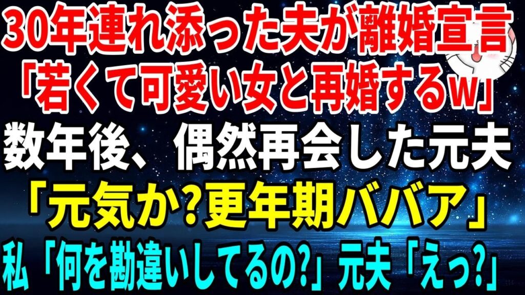 【スカッとする話】30年連れ添った夫が離婚宣言 「若くて可愛い女と再婚するW」数年後、偶然再会した元夫「元気か?更年期ババア」私「何を勘違いしてるの?」元夫「えっ?」