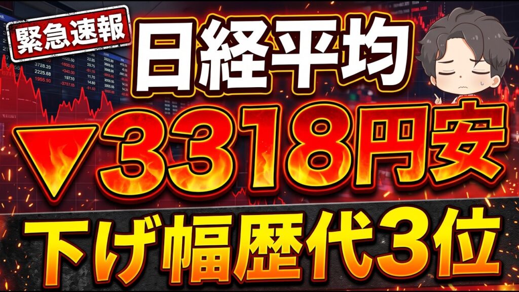 日経平均3318円安　下げ幅歴代3位　アドバンテストなど暴落級の下げで苦しい・・・