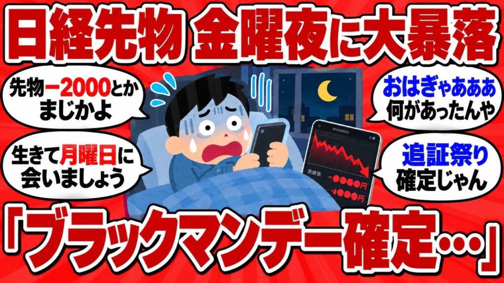 日経先物が金曜夜に1890円の大暴落、週末に株を持ち越した民が「ブラックマンデー確定」と絶望するwww【2chまとめ】 日経先物が金曜夜に1890円の大暴落、週末に株を持ち越した民が「ブラックマンデー確定」と絶望するwww【2chまとめ】