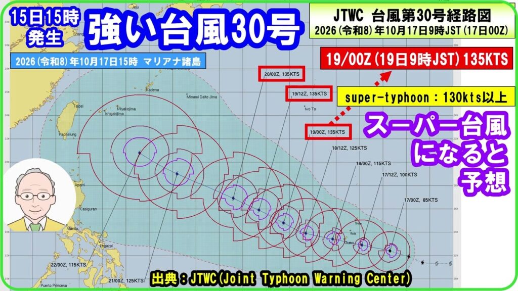 【速報　『強い台風第30号！　2026（令和8）年10月17日15時JST　マリアナ諸島　「JTWCは、19日9時JSTには、ス－パ－台風になると予想！」』】　#台風第30号 #ス－パ－台風 #台風