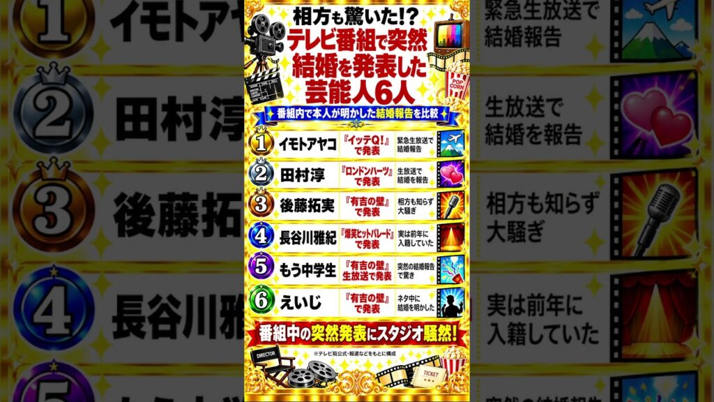 テレビ番組で突然結婚を発表!? スタジオを驚かせた芸能人6選 テレビ番組で突然結婚を発表!? スタジオを驚かせた芸能人6選