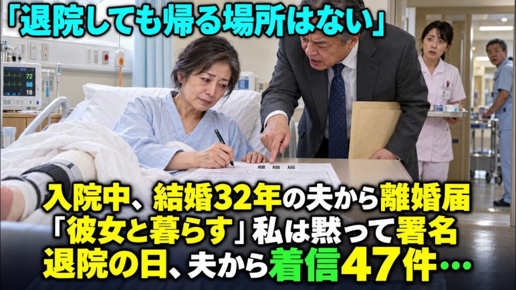 入院中、結婚32年の夫から「退院しても帰る場所はない」と離婚届。黙って署名した私が登記簿を確認すると、退院の日に夫から47件の着信が… 入院中、結婚32年の夫から「退院しても帰る場所はない」と離婚届。黙って署名した私が登記簿を確認すると、退院の日に夫から47件の着信が…