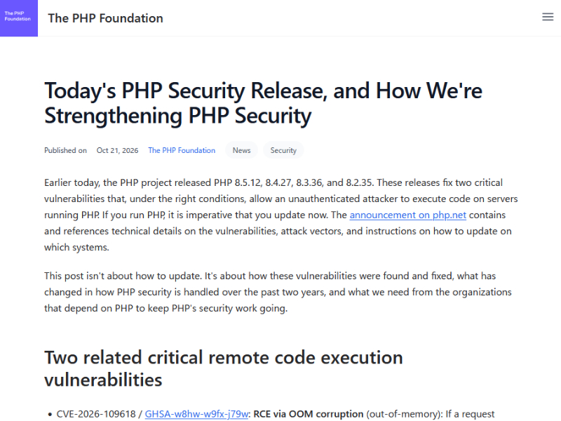 PHPとNode.jsが同じ日に緊急パッチ、どちらもリモートコード実行の恐れ - PC Watch