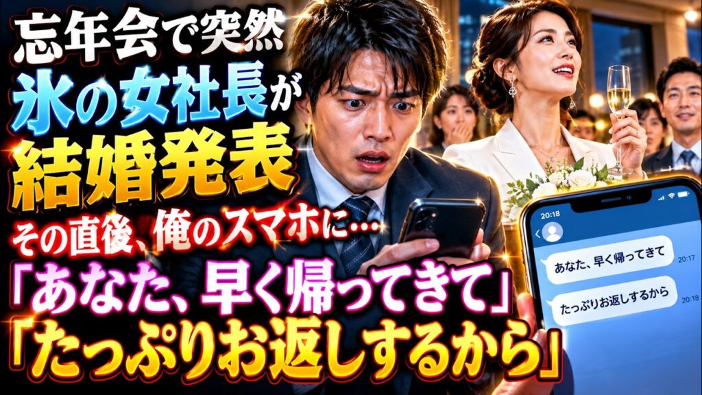 忘年会で「氷の女社長」が電撃結婚発表→直後、私のスマホに「早く帰ってきて。たっぷりお返しするから」と届いた一通に凍りついた…